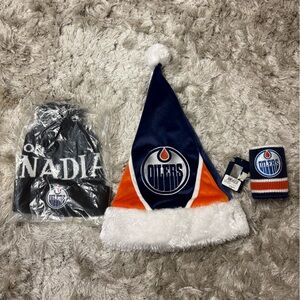 Edmonton Oilers bundle (toque, Santa hat, drink holder)